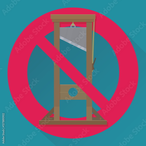 Guillotine with a circular red strikethrough prohibition symbol on a blue background with long shadow in flat design style