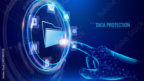 Data protection concept. Hand touching file icon and virtual screen background, cybersecurity, online privacy. Secure information management, internet security in futuristic technology setting.