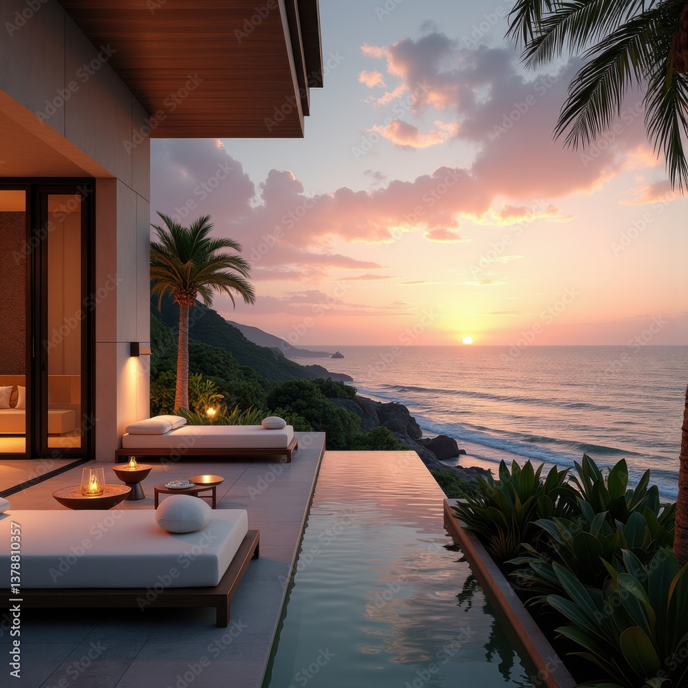 Fototapeta premium luxury oceanfront villa cozy terrace sunset view serenity relaxation outdoor space, patio, garden, coastal, wharf, pool, sea, beach, balcony, lounge