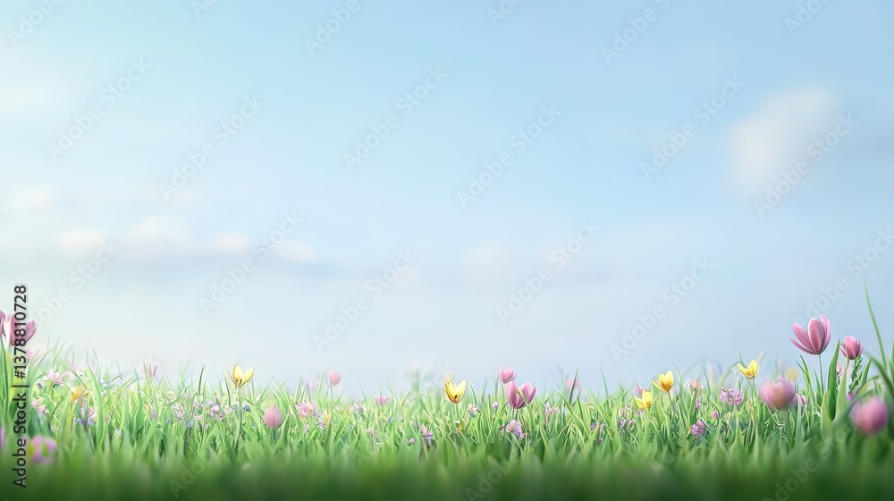 Fototapeta premium Vibrant spring flowers in bloom, colorful meadow of blossoms in lush green grass