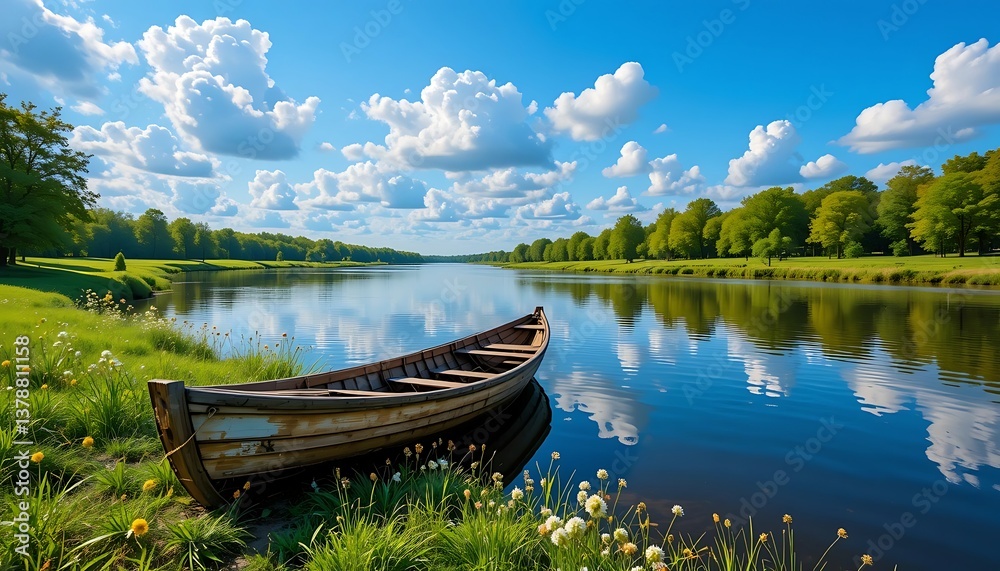 Obraz premium Tranquil Lakeside Scene with Wooden Rowboat