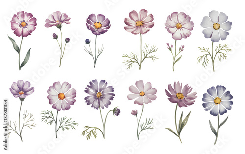 Watercolor set of cosmos flowers, hand drawn floral illustration isolated on white background.