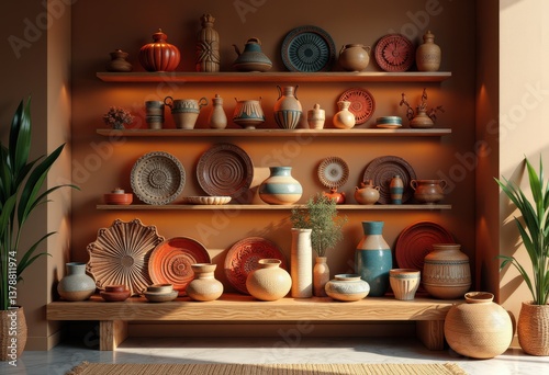 Wallpaper Mural vibrant artisanal products arrayed elegant shelf home decor style craftsmanship showcase, colorful, display, cultural, handmade, textiles, basket, ceramics Torontodigital.ca