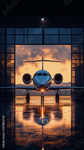Private Jet Parked in Hangar With Sunset Reflections Over the Runway