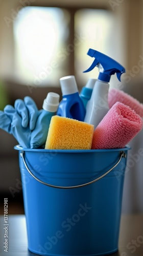 Cleaning Supplies Ready for Home Maintenance on a Bright Day Indoors