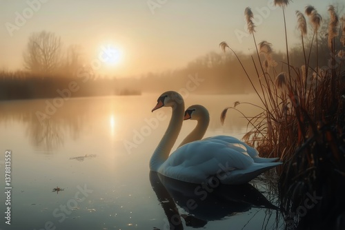 Swans Embracing at Sunset Near a Tranquil Lake Surrounded by Reeds and Soft L...