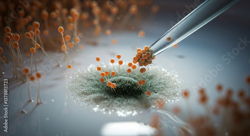Close up of a pipette extracting orange spheres from a gray fungal growth in a laboratory setting