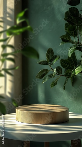 Green Foliage Backdrop With Wooden Platform for Display in a Serene Natural S...