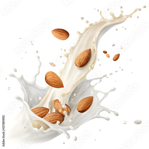Milk splash with almonds isolated on transparent background png and psd for designs