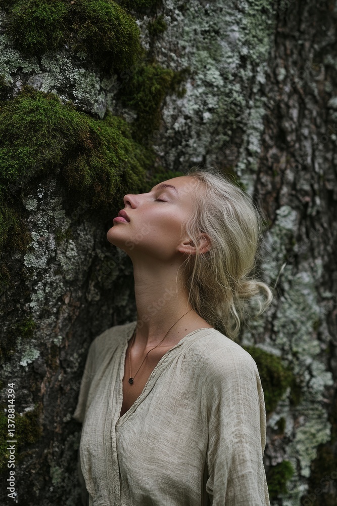 Woman gently touching a tree with closed eyes, connecting with nature in peaceful silence. Symbol of Earth Day, sustainability, eco-conscious living, mindfulness and environmental care. Woman gently touching a tree with closed eyes, connecting with nature in peaceful silence. Symbol of Earth Day, sustainability, eco-conscious living, mindfulness and environmental care.