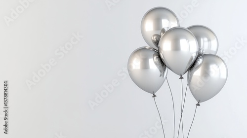 Set of shiny silver balloons floating against a white background. Minimalist celebration and party decoration concept