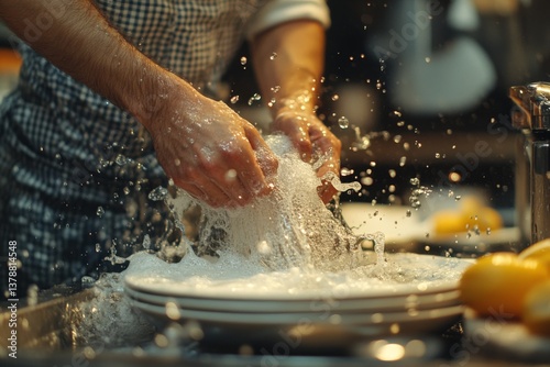 In a cozy kitchen, a man washes dishes at the sink, scrubbing plates and creating splashes of water and bubbles as he tidies up after cooking Generative AI photo