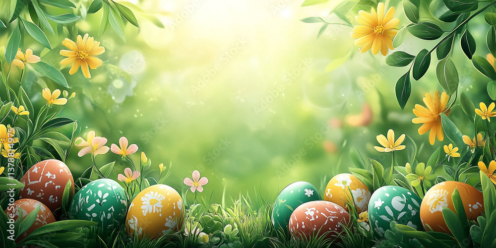 Colorful Easter Eggs Hidden Among Spring Flowers in Sunlit Garden Colorful Easter Eggs Hidden Among Spring Flowers in Sunlit Garden