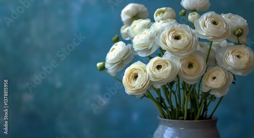 White Ranunculus Flowers Arranged in a Simple Vase Against a Blue Textured Ba...