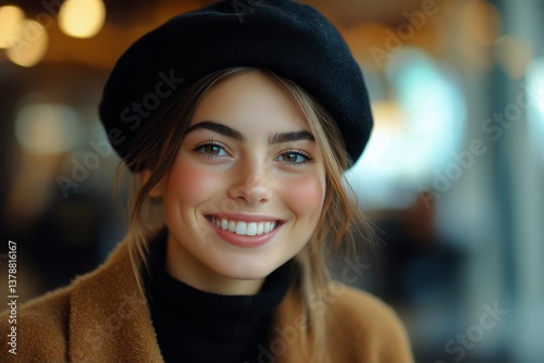 Smiling Young Woman Wearing Black Beret in Cozy Indoor Cafe With Warm Lighting