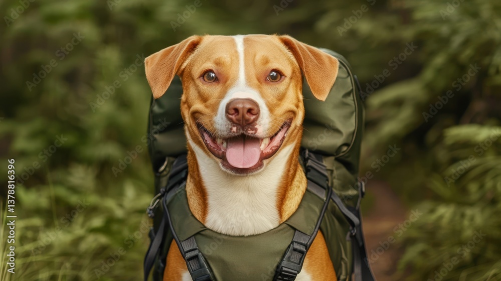 Pet camping experience Concept, Playful Dog Wearing a Backpack Ready for an Adventurous Hike in Lush Green Wilderness Pet camping experience Concept, Playful Dog Wearing a Backpack Ready for an Adventurous Hike in Lush Green Wilderness