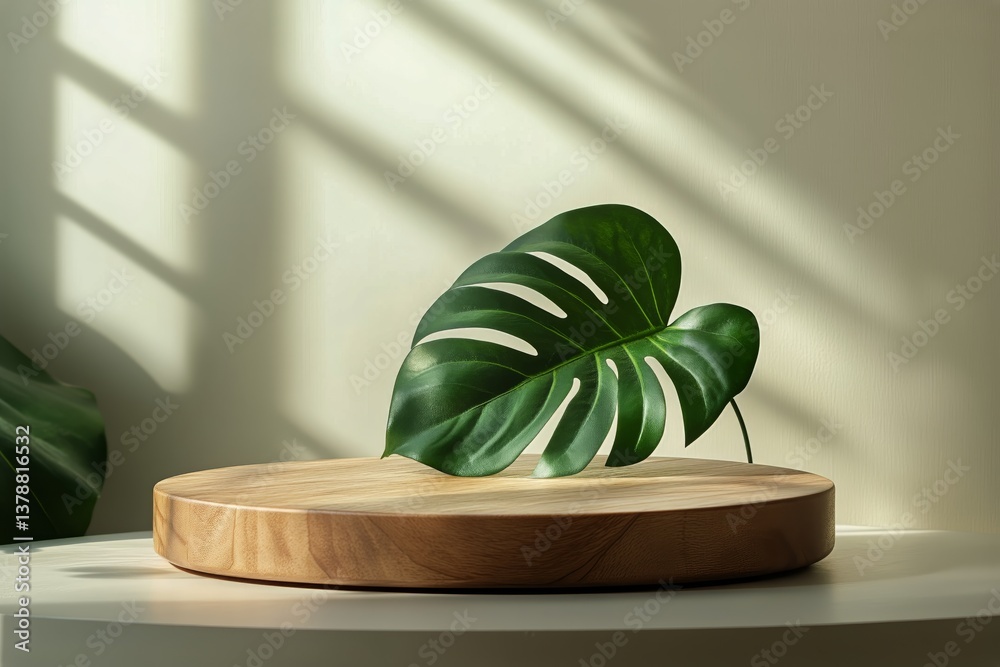 Fototapeta premium Beautifully Crafted Wooden Surface With Green Leaves Illuminated by Soft Sunlight in a Minimalistic Setting
