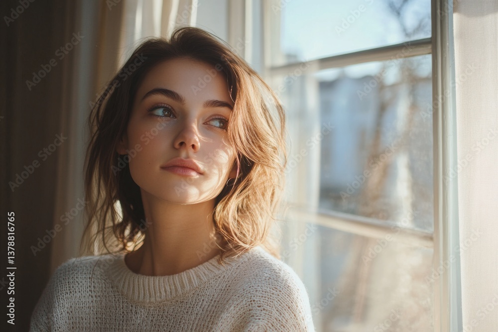 A woman stands near a window, bathed in warm sunlight, lost in thought. Soft light filters through the curtains, creating a tranquil atmosphere Generative AI A woman stands near a window, bathed in warm sunlight, lost in thought. Soft light filters through the curtains, creating a tranquil atmosphere Generative AI