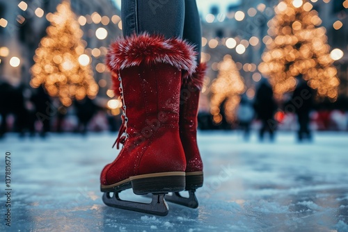 Red Ice Skates Shine Brightly on Winter Rink Surrounded by Festive Lights and...