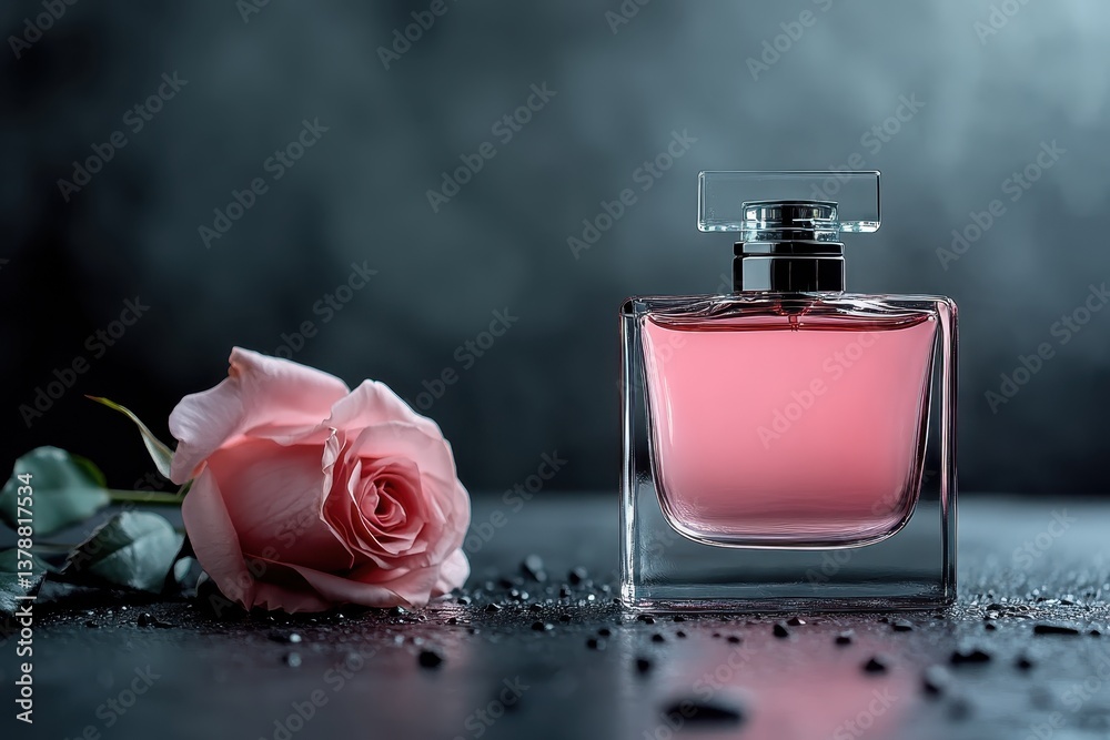 Pink perfume bottle sparkling on dark surface with rose Pink perfume bottle sparkling on dark surface with rose