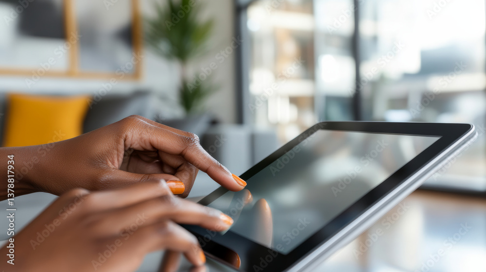 Close-up of hands interacting with a digital tablet in a bright and contemporary indoor setting. Close-up of hands interacting with a digital tablet in a bright and contemporary indoor setting.