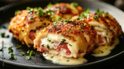 Crispy Chicken Cordon Bleu on Dark Plate, Restaurant Style