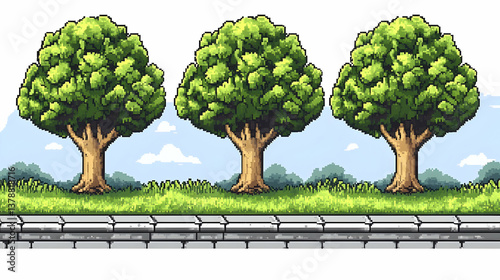 Three Green Trees and Grass Pixel Art Landscape with Blue Sky and Stone Sidewalk for Game Background