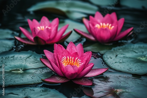Beautiful Pink Water Lilies Blooming on Dark Pond Water in a Tranquil Setting...