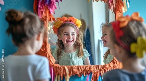 Joyful little girls giggling during dress-up play in front of an adorned mirror