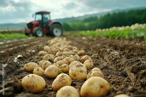 Potato Farming in a Sunny Field With Tractor Working on a Clear Day