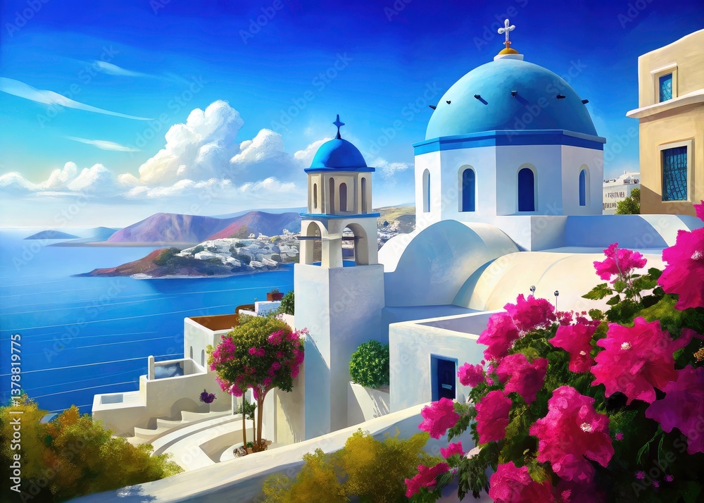 Obraz premium Aegean Sea Greek Church, Whitewashed Building, Blue Domes, Pink Flowers, Rule of Thirds Photography