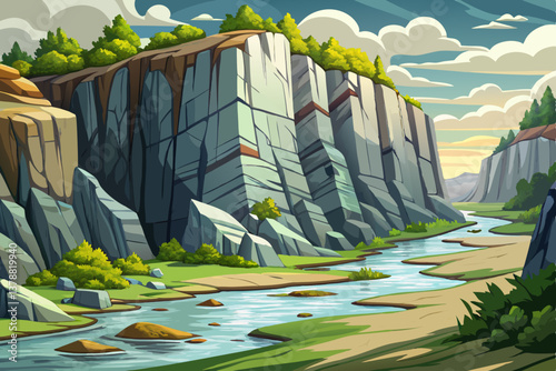 Vector of weathered limestone cliffs next to a calm river, green forest landscape