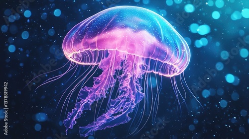 Digital art of ethereal underwater scene close-up of a massive jellyfish in tranquil depths