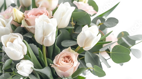   
 Beautiful bouquet of pink and white tulips with green leaves and eucalyptus, artfully arranged against a white background, symbolizing elegance, freshness, and natural beauty in floral design.
 