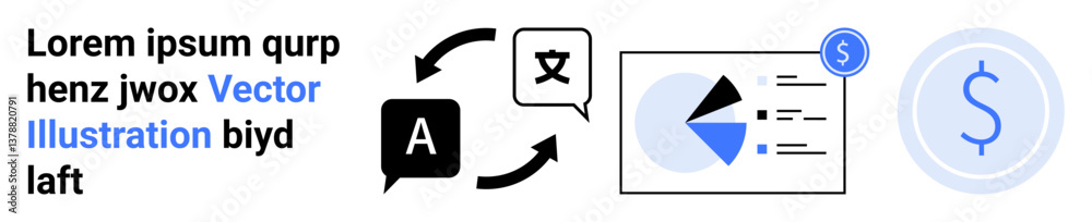 Language translation icons with arrows, chart showing data, financial dollar symbol. Ideal for communication, globalization, data analysis, finance, education, e-commerce simple landing page Language translation icons with arrows, chart showing data, financial dollar symbol. Ideal for communication, globalization, data analysis, finance, education, e-commerce simple landing page