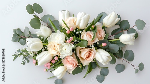   
 Beautiful bouquet of pink and white tulips with green leaves and eucalyptus, artfully arranged against a white background, symbolizing elegance, freshness, and natural beauty in floral design.
 