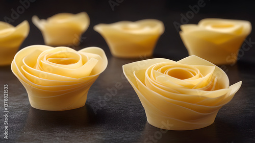 A collection of tagliatelle nests in a pale yellow hue, arranged on a smooth dark surface with a slight curve to each nest.