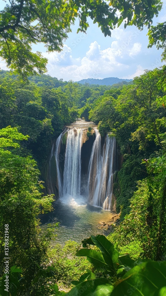 Naklejka premium Lush tropical waterfall cascading into a pool, framed by dense jungle foliage