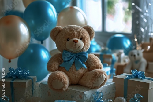 Soft Teddy Bear Surrounded by Gifts and Balloons in a Bright Celebration Room