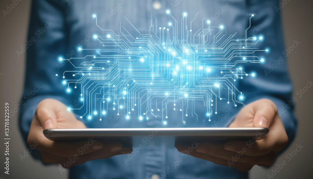 Individual holds a tablet displaying a digital cloud symbol, symbolizing data sharing and connectivity in a modern environment Individual holds a tablet displaying a digital cloud symbol, symbolizing data sharing and connectivity in a modern environment