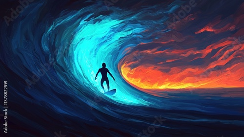 A surfer riding glowing bioluminescent waves at a remote beach during sunset