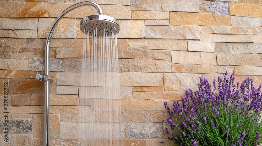 Obraz premium Outdoor shower with a curved stone wall and rainwater showerhead, surrounded by lavender plants, isolated, outdoor shower, charming Mediterranean design