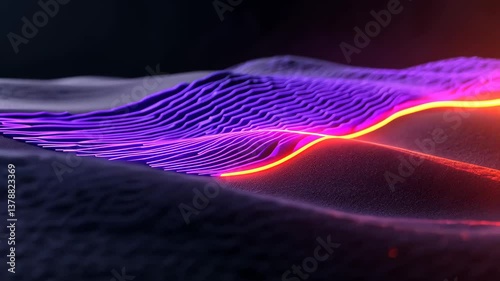Abstract purple digital wave visualization with neon light trails flowing across dark surface 4K background or backdrop visual