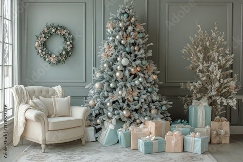 Festive Holiday Living Room With Decorated Tree, Wrapped Gifts, and Cozy Armc...