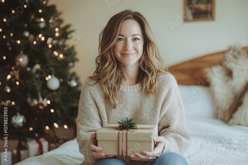 Cheerful Woman Holding Gift Near Christmas Tree in Cozy Indoor Setting During...