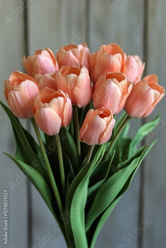 Bouquet of Pink Tulips Arranged Against a Rustic Wooden Background