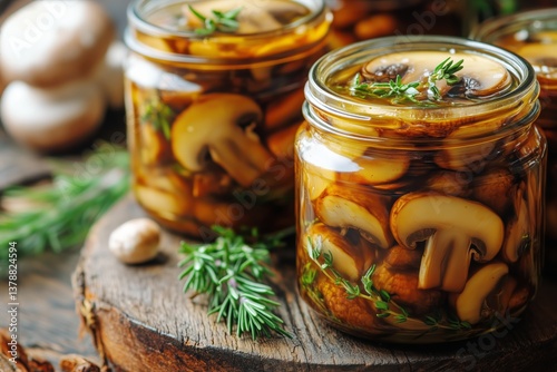 Delicious Pickled Mushrooms Preserved in Jars With Fresh Herbs on a Rustic Wo...