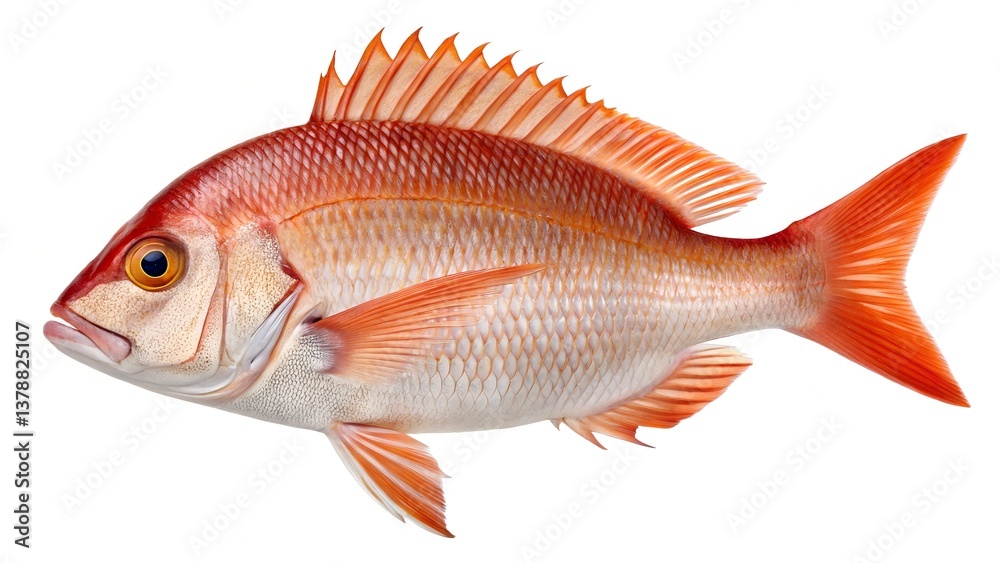 Detailed Close-up of a Red Fish with Bright Scales and Fin Detailed Close-up of a Red Fish with Bright Scales and Fin