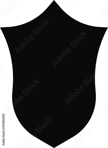 Solid black silhouette of a shield inspired by gothic motifs, displaying elaborate patterns.