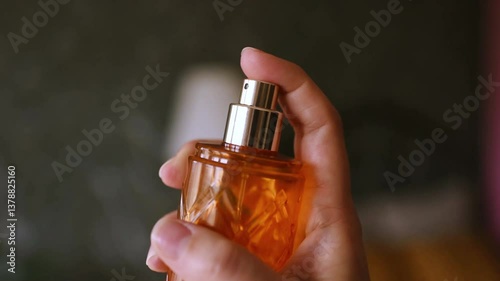 Woman spraying fragrant mist in air in room close up. Selective focus.